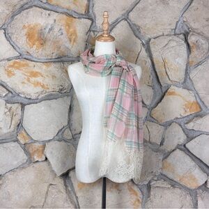 Ralph Lauren Collection Silk Chiffon Lace Trim Scarf  Georgia Pink Plaid | 66”